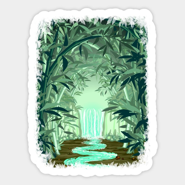 Fluorescent Waterfall on Surreal Bamboo Forest Sticker by BluedarkArt